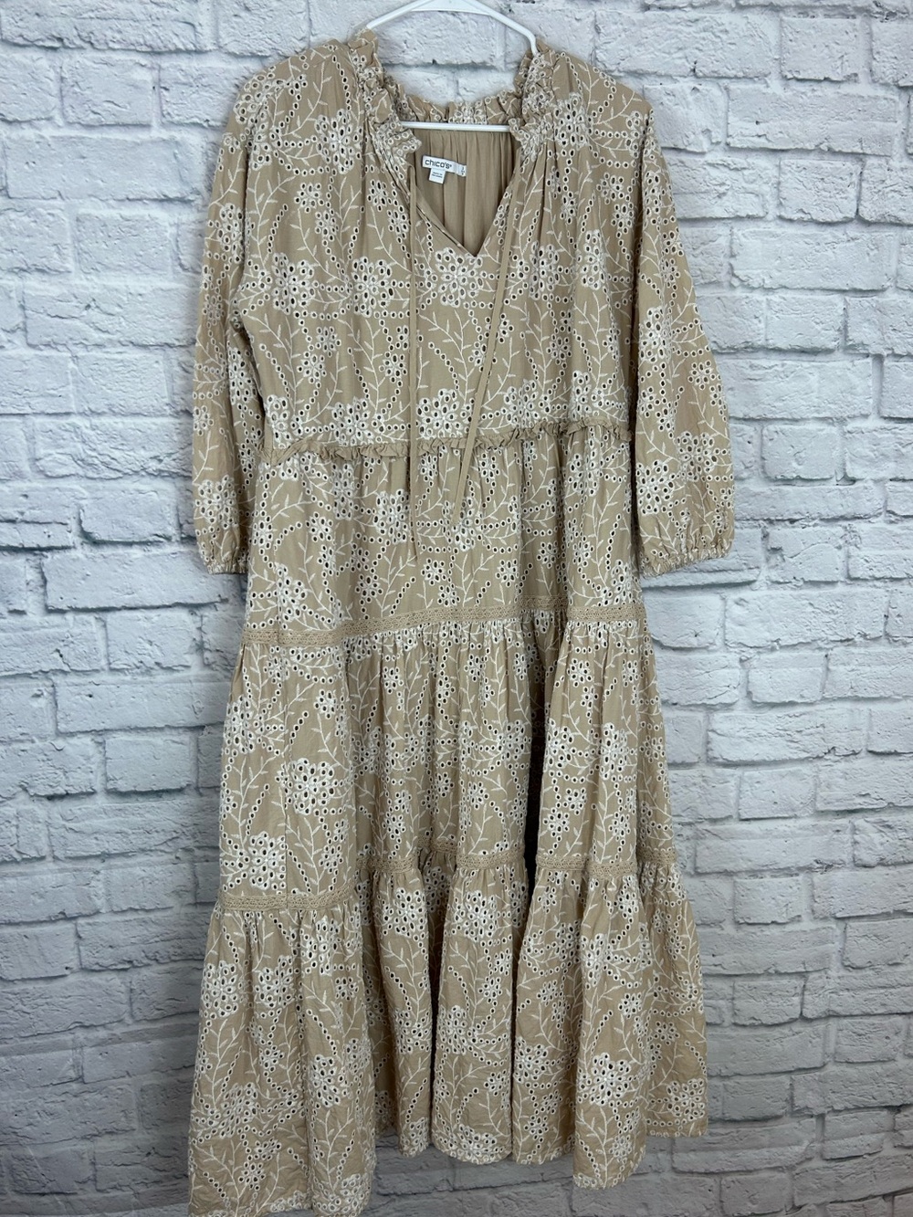 Chico’s Size 2 US 12 Tan Eyelet Embroidered Cotton Tiered Maxi Dress Boho